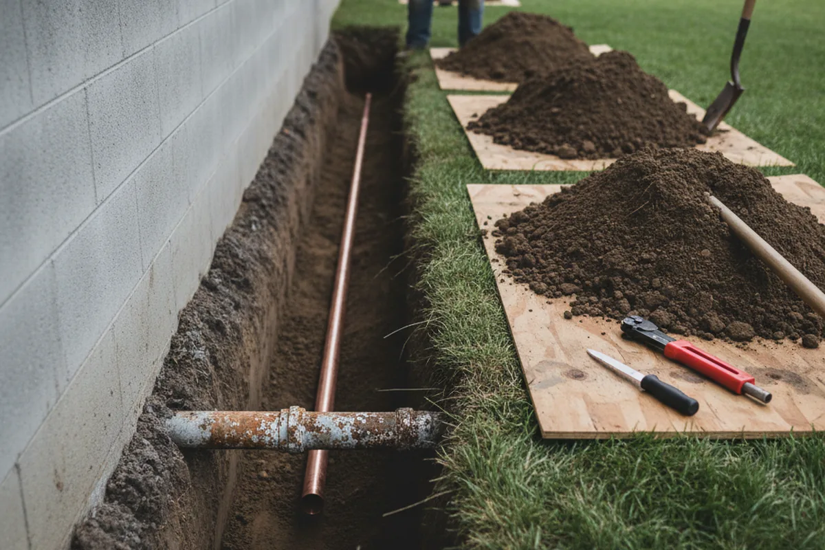 Excavated water line trench during Sewer Line Repair in Antrim